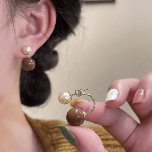 Elegant Design Coffee Color Round Bead Pearl C-Shape Retro Gold Plated Korean Earrings for Women