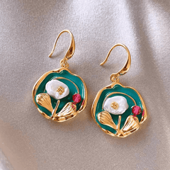Vintage High-End Elegant Green Oil Painting Style Korean Drop Earrings for Women