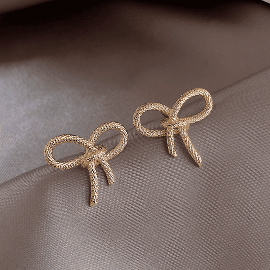 Trendy Gold Tone Rope Knot Shaped Ribbon Bow Twisted Stud Korean Earring for Girl