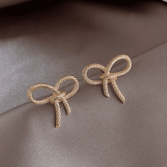 Trendy Gold Tone Rope Knot Shaped Ribbon Bow Twisted Stud Korean Earring for Girl