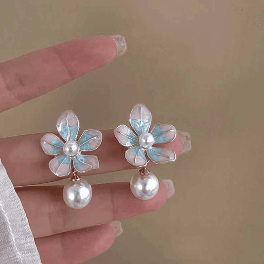 Lovely Oil Painted Pink Blue Flower with Pearl Drop Korean Earrings For Girls