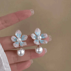 Lovely Oil Painted Pink Blue Flower with Pearl Drop Korean Earrings For Girls