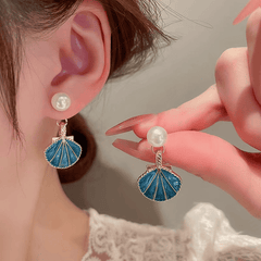 Trendy Blue Color SeaShell Drop Earring with White Pearl Korean Earring for Women