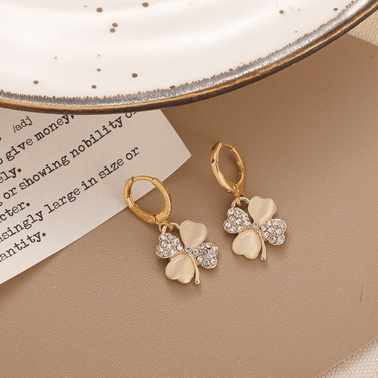 Four-leaf Flower Metal Circle with Rhinestone Simple Buckle Drop Korean Earrings