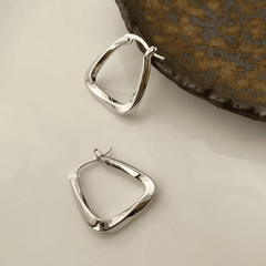 Classic Simple Silver Twisted Square Hoop Korean Earrings for Women