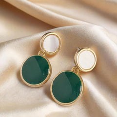Vintage Green Enamel Natural Shell Geometric Round Drop Korean Earrings for Women