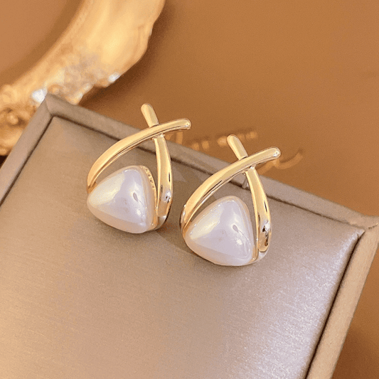 Latest Trendy Golden Triangle Shaped with White Pearl retro Stud Korean Earrings for Girls