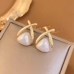Latest Trendy Golden Triangle Shaped with White Pearl retro Stud Korean Earrings for Girls