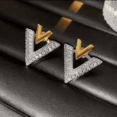Geometry Silver Golden Double V-shaped Stud Earrings with Rhinestone Korean Earrings