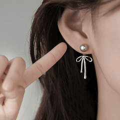 Trendy Elegant Silver Metal Aesthetic Fairy Bow Pearl Long Dangle Korean Earrings for Women