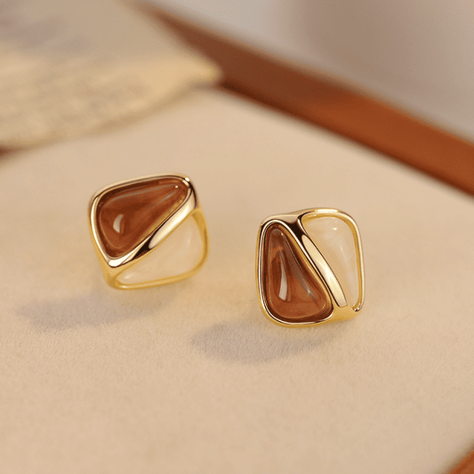 Red White Color Resin Spliced Square Shaped Gold Plated Stud Korean Earrings for Women