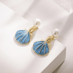 Trendy Blue Color SeaShell Drop Earring with White Pearl Korean Earring for Women
