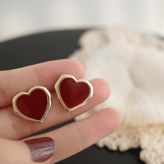 Vintage Red Enamel Love Heart Shaped Gold Plated Stud Korean Earrings for Women