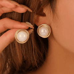 Vintage Big White Pearl with Golden Swirl Rings Stud Korean Earring for Women