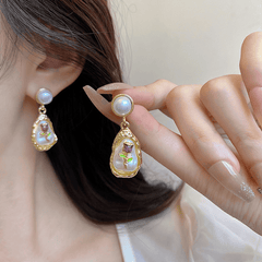 Vintage Golden Irregular Oval Shaped Flower Oil Painting Enamel Pearl Drop Korean Earrings