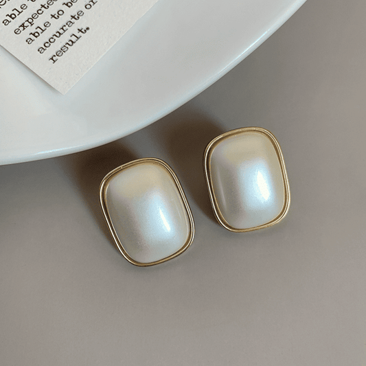Metallic Vintage White Pearl Simple Geometric Square Oval Stud Korean Earrings