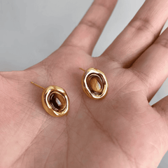 Retro Caramel Brown Color Tiger's Eye Stone Oval Shaped Stud Korean Earrings for Women