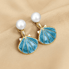 Trendy Blue Color SeaShell Drop Earring with White Pearl Korean Earring for Women