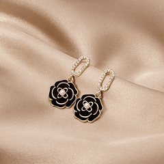 Vintage Modern Dailywear Black Camellia Flower with Rhinestone Drop Korean Earrings for Girls