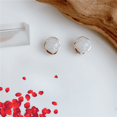 Trendy Retro Geometric Metal Square White Marble Stud Korean Earring for Girls