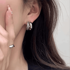 Elegant Silver Plated Double Layered C Shape Twisted Hoop Korean Earrings for Women