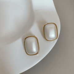 Metallic Vintage White Pearl Simple Geometric Square Oval Stud Korean Earrings