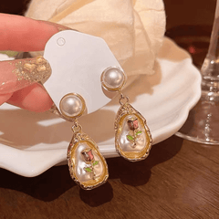 Vintage Golden Irregular Oval Shaped Flower Oil Painting Enamel Pearl Drop Korean Earrings