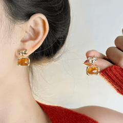 Trendy Vintage Gold Color Square Amber Resin Geometric Korean Drop Earrings for Women