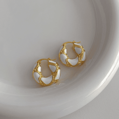 Trendy Enamel White Color Metal with Golden Texture Small Hoop Korean Earrings for Women