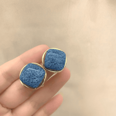Trendy Retro Geometric Metal Square Blue Marble Stud Korean Earring for Girls