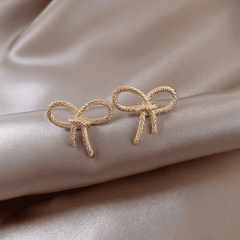 Trendy Gold Tone Rope Knot Shaped Ribbon Bow Twisted Stud Korean Earring for Girl