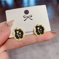 Latest Retro Irregular Circular Shaped Black Tulip Oil Painting Elegant Stud Korean Earrings for Girls