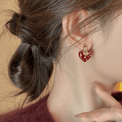 Vintage Trendy Red Enamel Metal Love Small Heart Shaped Korean Style Hoop Earrings for Women