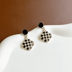 Vintage Luxurious Geometric Black and White Checkerboard Square Long drop Korean Earring