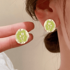 Latest Retro Irregular Circular Shaped Green Tulip Oil Painting Elegant Stud Korean Earrings for Girls (Copy)
