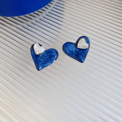 Hot Trendy Blue Dropping Oil Stained Double Heart Stud Korean Fashion Love Earrings