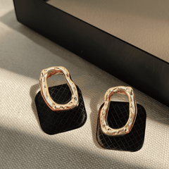 Retro Square Black Fabric Geometric Hanging Hollow Gold Metal Trendy Drop Korean Earrings