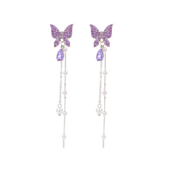 Vintage Purple Butterfly Rhinestone Pendant with Pearl Long Chain Drop Korean Earrings for Girls