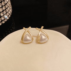 Latest Trendy Golden Triangle Shaped with White Pearl retro Stud Korean Earrings for Girls