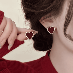Vintage Red Enamel Love Heart Shaped Gold Plated Stud Korean Earrings for Women