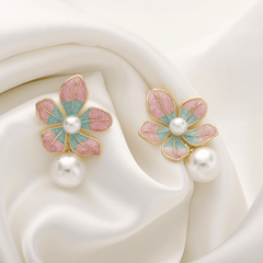 Lovely Oil Painted Pink Blue Flower with Pearl Drop Korean Earrings For Girls