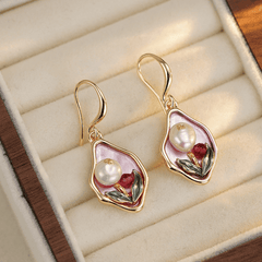 Luxury Vintage Style Metal Enamel Oil Painting Spring Flower Pearl Korean Drop Earrings for Women