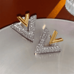 Geometry Silver Golden Double V-shaped Stud Earrings with Rhinestone Korean Earrings