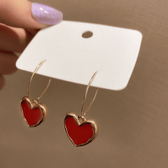 Vintage Red Enamel Love Heart Shaped Pendant Hoop type Korean Earrings for Women