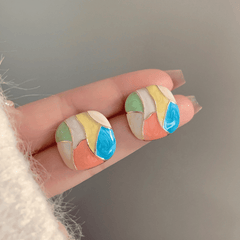 Vintage Simple Modern Enamel Patchwork Colorful Geometric Square Stud Korean Earrings for Girls