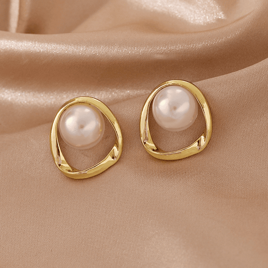 Vintage Golden Irregular Hollow Geometric Shaped With Simple white Pearl Stud Korean Earrings for Women