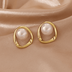 Vintage Golden Irregular Hollow Geometric Shaped With Simple white Pearl Stud Korean Earrings for Women