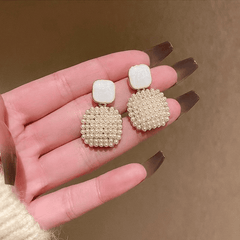 Trendy Simple White Square Pearl Pendant Drop Korean Earrings for Girls