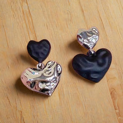 Black Texture Love Asymmetrical Luxury Double Heart Drop Korean Stud Earrings for Girls