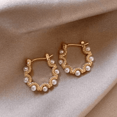 Retro Gold Color Circle Mesh Pearl Vintage Simple Design Hoop Korean Earrings